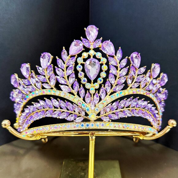 Purple Crystal Crown, Quinceanera Crown, Gold Wedding Tiara, Princess Tiara